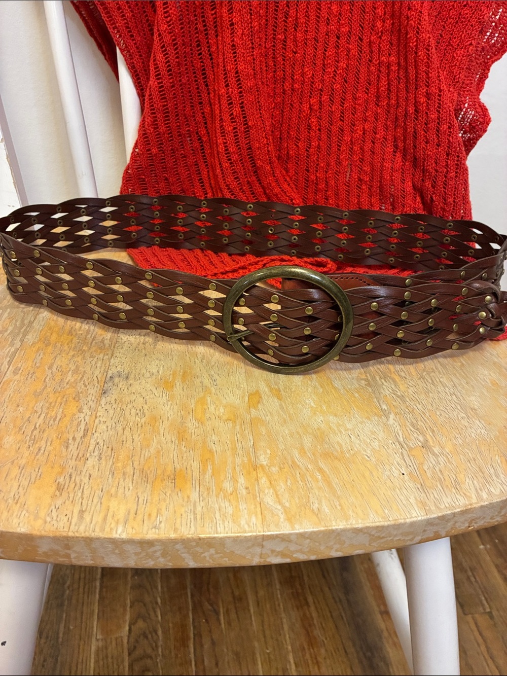 Vintage Brown Woven Genuine Leather Belt with Round Brass Buckle Medium